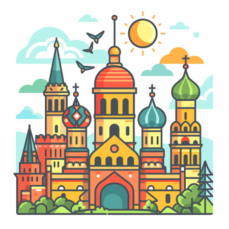 A colorful cityscape with a large cathedral in the center. The cathedral is surrounded by smaller buildings and trees. The sky is blue with a few clouds, and the sun is shining brightlyのイラスト素材