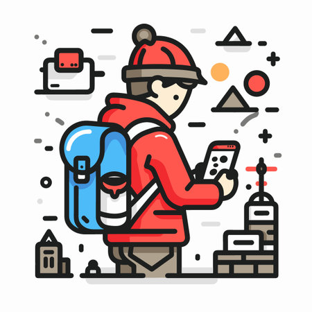 Vector illustration of a man with a backpack and a tablet in his hand.のイラスト素材