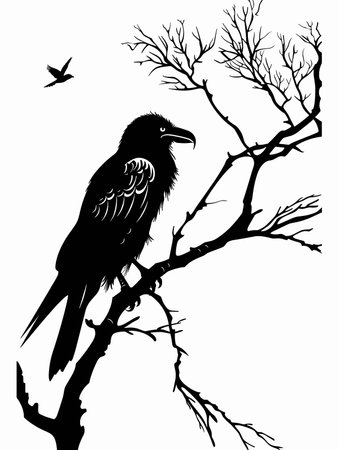 Black bird is perched on a tree branch. The bird is looking to the left. The image has a dark and mysterious moodのイラスト素材