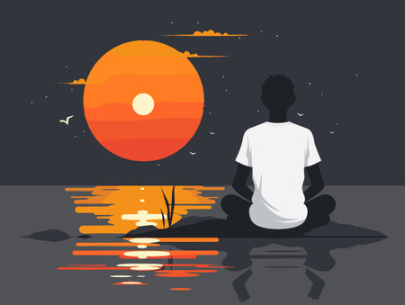 Man is sitting on the beach at sunset. The sky is orange and the sun is setting. The man is looking out at the water, and the scene is peaceful and calmingのイラスト素材