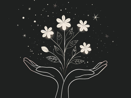 Hand is holding a flower with a star in the background. The flower is surrounded by stars and the hand is holding it up. Concept of wonder and beauty, as if the hand is holding a preciousのイラスト素材