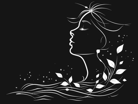 Woman's face is drawn in white on a black background. The woman's hair is long and flowing, and she has a serene expression on her face. Concept of calm and tranquilityのイラスト素材