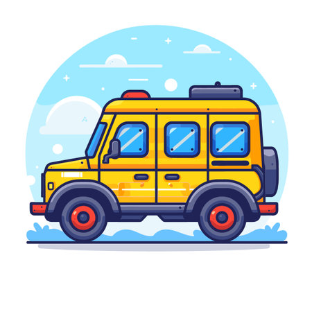 Yellow car with a red tire is driving on a snowy road. The car is a school bus, and it is driving down the road with a sense of adventure and excitementのイラスト素材