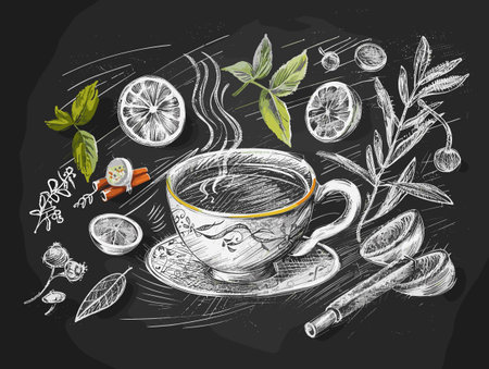 Cup of tea with a spoon and a few other items on a blackboard. Scene is calm and relaxingのイラスト素材