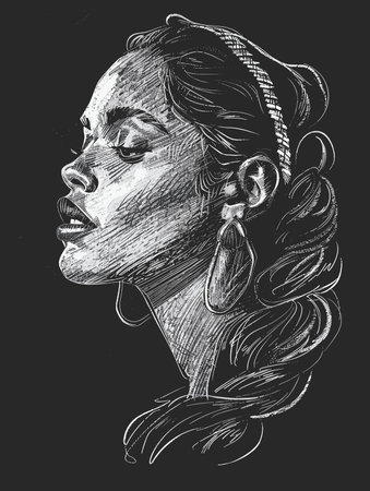 Woman's head with a messy braid. The woman's face is drawn in black and whiteのイラスト素材