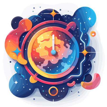 Colorful clock with a blue background and a red and yellow face. The clock is set at 12:00のイラスト素材