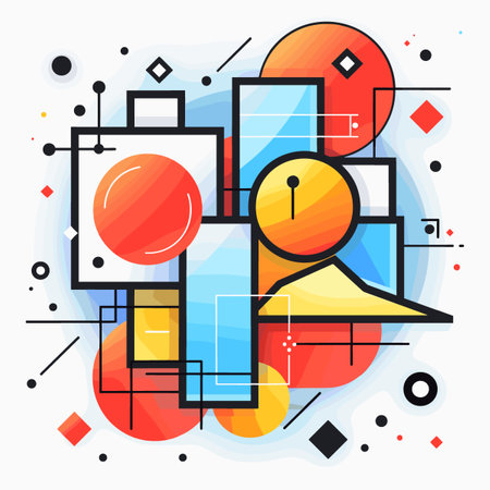 Colorful abstract drawing with a clock in the center. The clock is surrounded by various shapes and colors, including squares, circles, and triangles. Scene is vibrant and energeticのイラスト素材