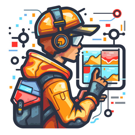 Man in a yellow jacket is pointing at a tablet. The tablet is displaying a graph with a red line. The man is wearing headphones and a backpackのイラスト素材