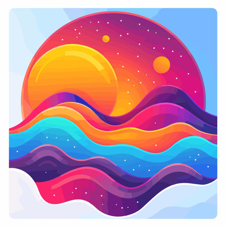 Colorful painting of a sunset with a blue ocean and a purple sky. The painting has a dreamy, surreal feel to itのイラスト素材