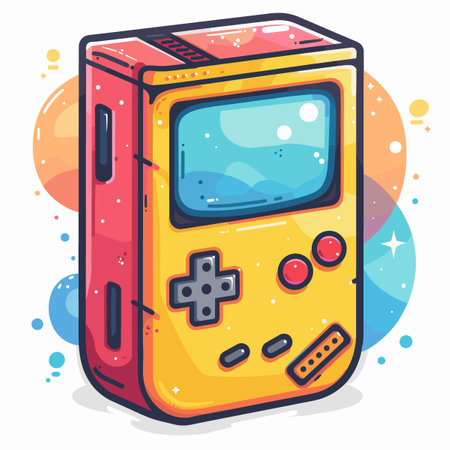 Yellow Nintendo Game Boy is sitting on a white background. The Game Boy is the main focus of the image, and it is a cartoonish drawing. The bright colors of the Game Boyのイラスト素材