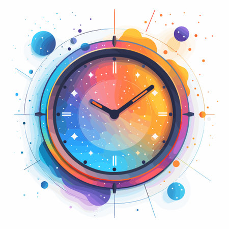Colorful clock with the hands at the numbers 3 and 9. The clock is surrounded by a circle of stars...