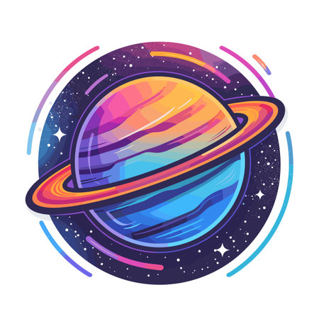 Colorful, abstract drawing of a planet with a ring around it. The colors are bright and vibrant, giving the impression of a lively and energetic sceneのイラスト素材