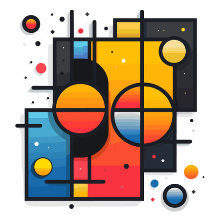 Colorful abstract painting with a lot of circles and squares. The circles are in different colors and sizes, and the squares are also in different colors and sizes. The painting has a lot of energyのイラスト素材
