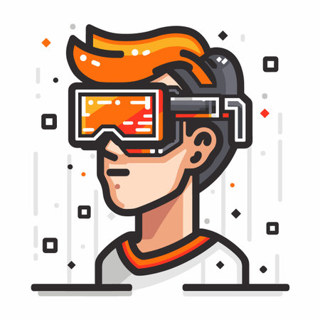 Man wearing a VR headset. The man is wearing a white shirt and orange shirtのイラスト素材
