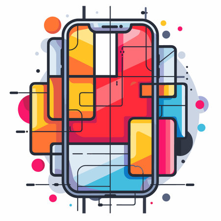 Phone with a colorful background and a design that looks like it's made of blocks. The blocks are arranged in a way that creates a sense of depth and dimension. Scene is playful and creativeのイラスト素材