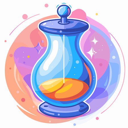 Blue glass container with a blue lid and a yellow liquid inside. The container is placed in a circle with a pink backgroundのイラスト素材