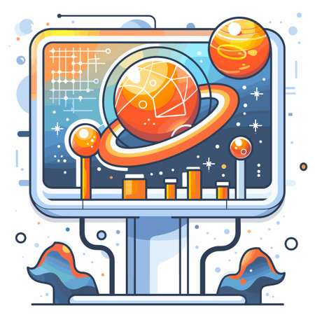 Computer monitor displays a colorful image of planets and stars. The image is a representation of the solar system, with the sun in the center and the planets orbiting around itのイラスト素材