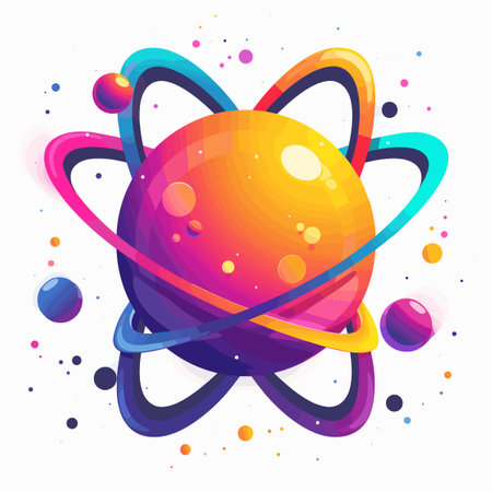 Colorful planet with a rainbow colored sun and a bunch of colorful planets surrounding itのイラスト素材