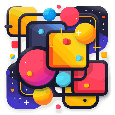 Colorful abstract design with many different shapes and sizes of circles. The circles are in various colors and sizes, and they are scattered throughout the image. Scene is playful and whimsicalのイラスト素材