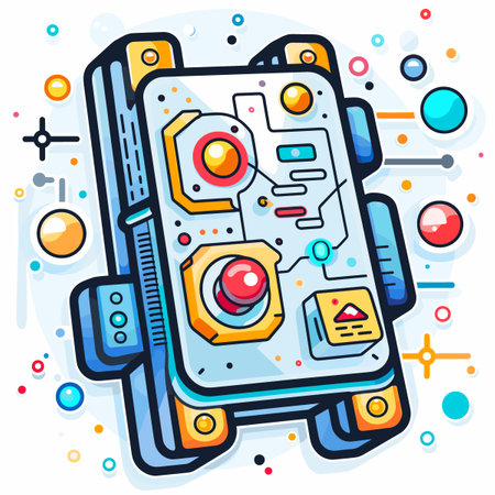 Colorful drawing of a device with a red button and a blue screen. The device is surrounded by a lot of colorful spheresのイラスト素材