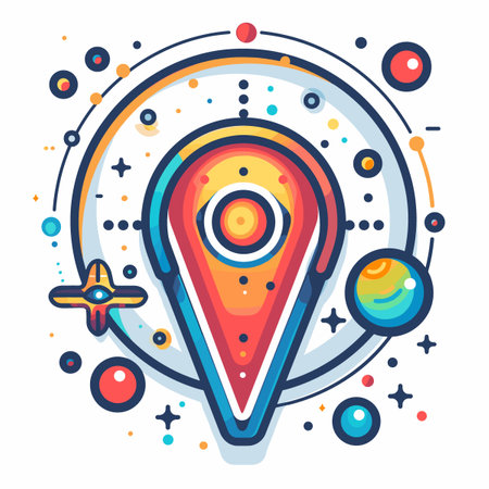 Colorful drawing of a map with a red dot in the middle. The map is surrounded by stars and planetsのイラスト素材