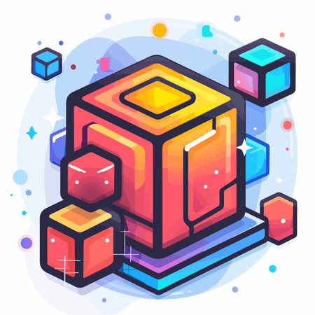 Colorful cube with a yellow center is surrounded by other cubes. The image is abstract and has a playful, whimsical feel to itのイラスト素材