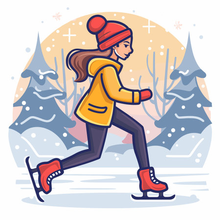 Woman in a red hat and yellow jacket is skating on ice. The scene is set in a snowy forest with trees in the backgroundのイラスト素材