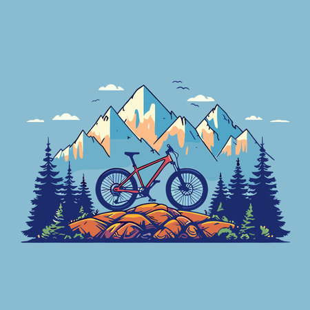 Mountain bike is on a rocky hillside with trees in the background. The bike is leaning against a rock, and the scene is peaceful and sereneのイラスト素材