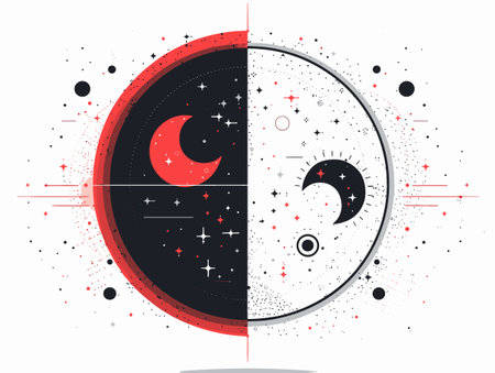 Black and white image of a moon with a red circle around it. The image is a representation of the duality of life, with the red circle symbolizing the darker aspects of lifeのイラスト素材