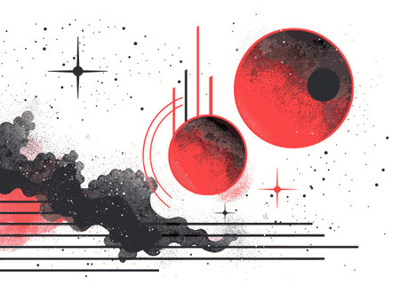 Painting of two red planets with a black background. The painting has a sense of motion and energy, with the planets appearing to be in motion. The red and black colors create a boldのイラスト素材