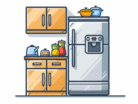 Kitchen interior with refrigerator, stove and oven. Vector illustration.のイラスト素材