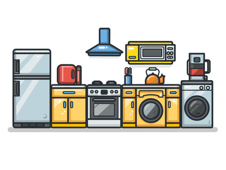 Cartoon kitchen with appliances such as a microwave, oven, and coffee maker. The appliances are yellow and white, and the kitchen is clean and organizedのイラスト素材