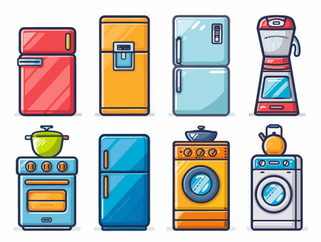 Kitchen furniture and utensils icons set in line style.のイラスト素材