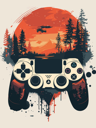 Video game controller with a red and orange background. The controller is the main focus of the...