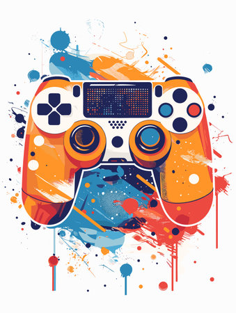 Colorful game controller with a splash of paint on it. The controller is orange and white with a black button on the top left. The controller is surrounded by a splash of paint, giving it a funのイラスト素材