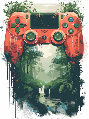 Red controller with a green background. The controller is in the middle of a forest with a waterfall in the backgroundのイラスト素材