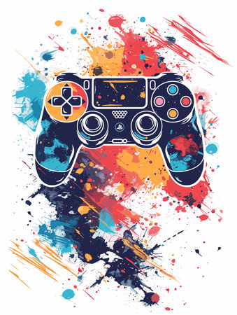 Colorful video game controller with a red button in the middle. The controller is surrounded by...
