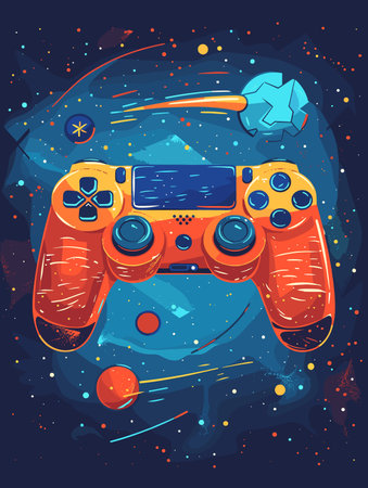 Video game controller is shown in a colorful space background. The controller is orange and has a...