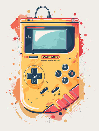Yellow game controller with the name WAT MEY on it. The controller is connected to a cordのイラスト素材