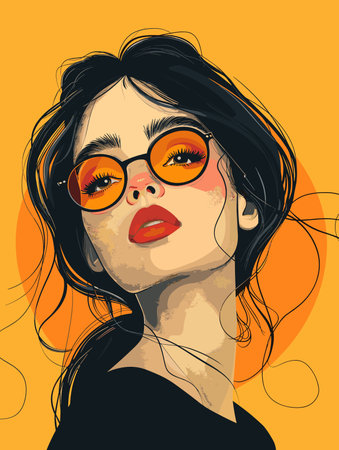 Vector illustration of a beautiful girl with long hair and orange sunglasses.のイラスト素材
