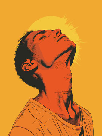Vector illustration of a man with closed eyes and a sun in the backgroundのイラスト素材