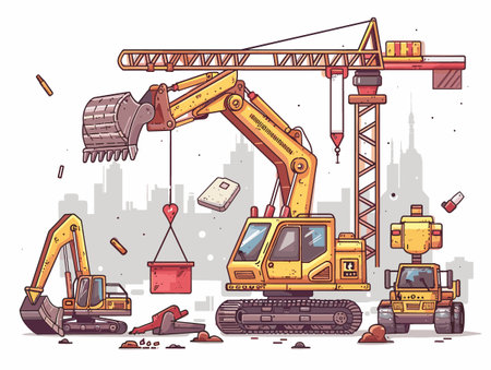 Construction site with a crane and a yellow excavator. The crane is lifting a large object, and there are several other construction vehicles in the scene. Scene is busy and active, with the workersのイラスト素材