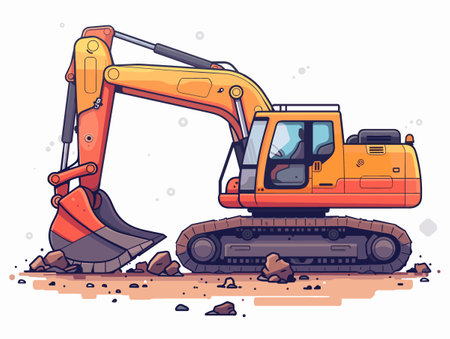 Cartoon drawing of a large orange and red construction vehicle with a large scoop on the front. The vehicle is on a rocky surface, and it is digging or moving large rocksのイラスト素材