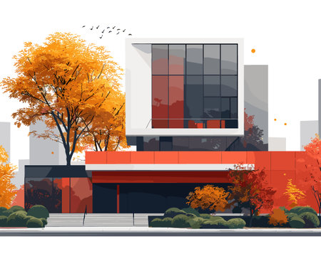 Large red building with a white trim and a tree in front of it. The building has a modern design and is surrounded by treesのイラスト素材