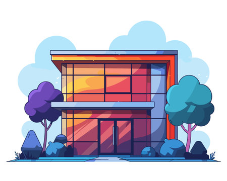 Large red building with a glass front and a green tree in front of it. The building is surrounded by a lush green parkのイラスト素材