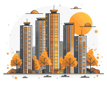 City skyline with tall buildings and a large sun in the sky. The buildings are mostly orange and gray, giving the impression of a warm and sunny dayのイラスト素材