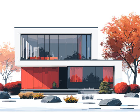 Large white house with a red trim and a large window. The house is surrounded by a garden with a few trees and rocksのイラスト素材