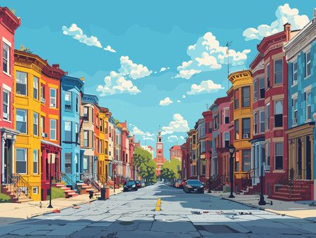 Colorful facades of houses on the street. Vector illustration.のイラスト素材