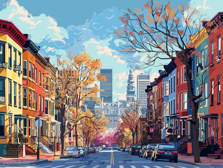 Boston street view, USA. Vector illustration in flat cartoon style.のイラスト素材
