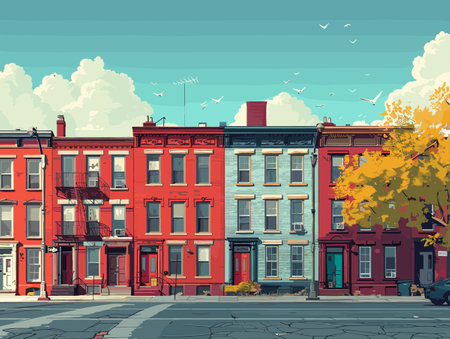 Vector illustration of a row of houses on the street in the city.のイラスト素材